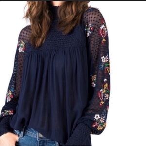 Ban Jara Embroidered Floral Sheer Sleeve High Neck Top Black Women’s Small